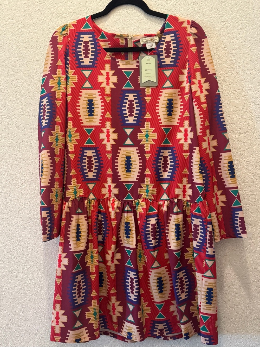 M Anthropologie Red Aztec-Print Long Sleeve women’s Drop-waist Mini Dress